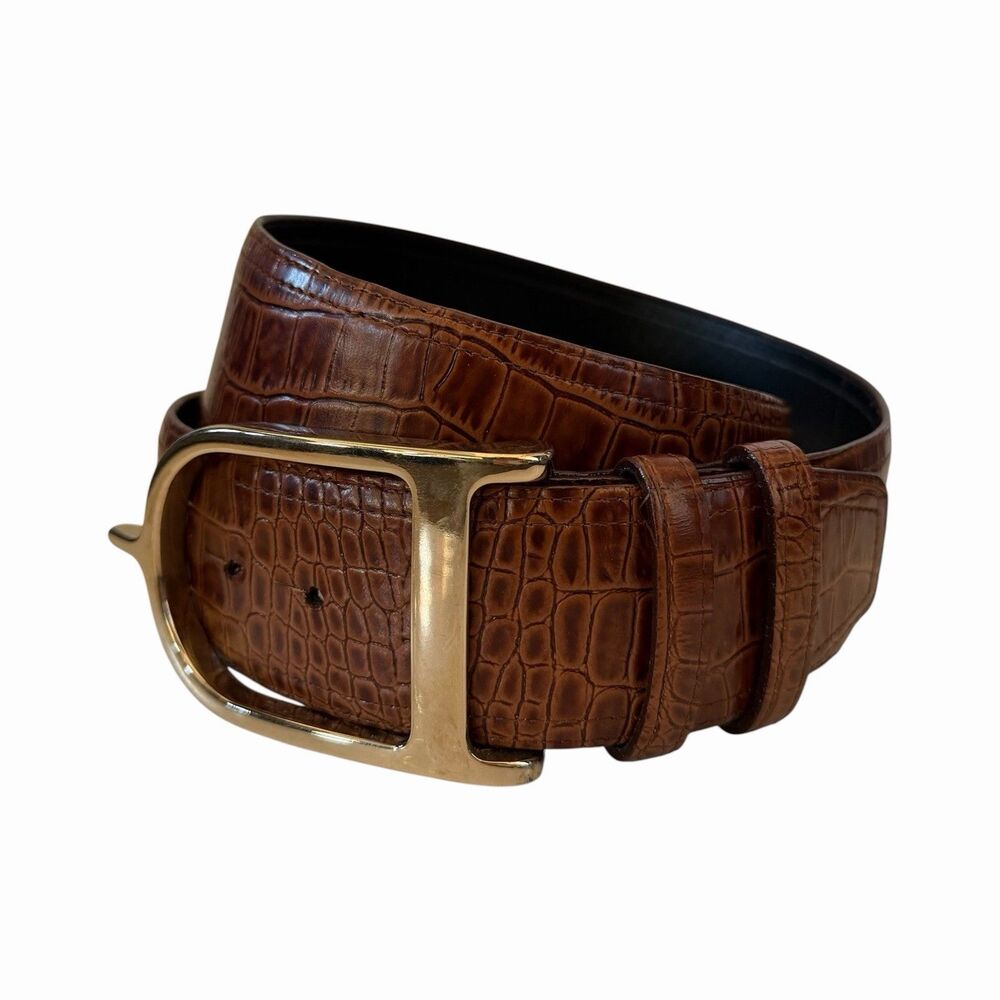 G Duftler Equestrian Spur Belt 34 Croc Embossed Leather 2" Wide Oversized Buckle - Picture 8 of 8